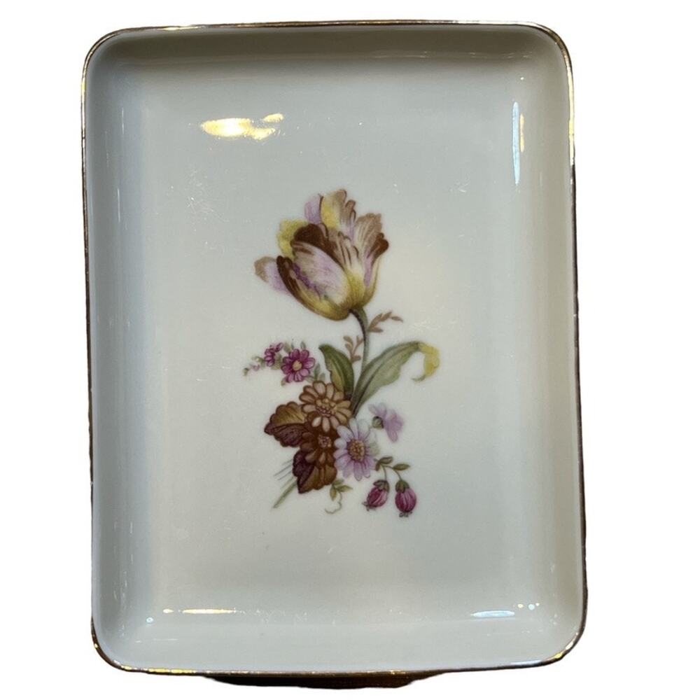 Vintage Hand Painted Danmark Porcelain Tray Floral Cottage Jewelry Trinket Soap